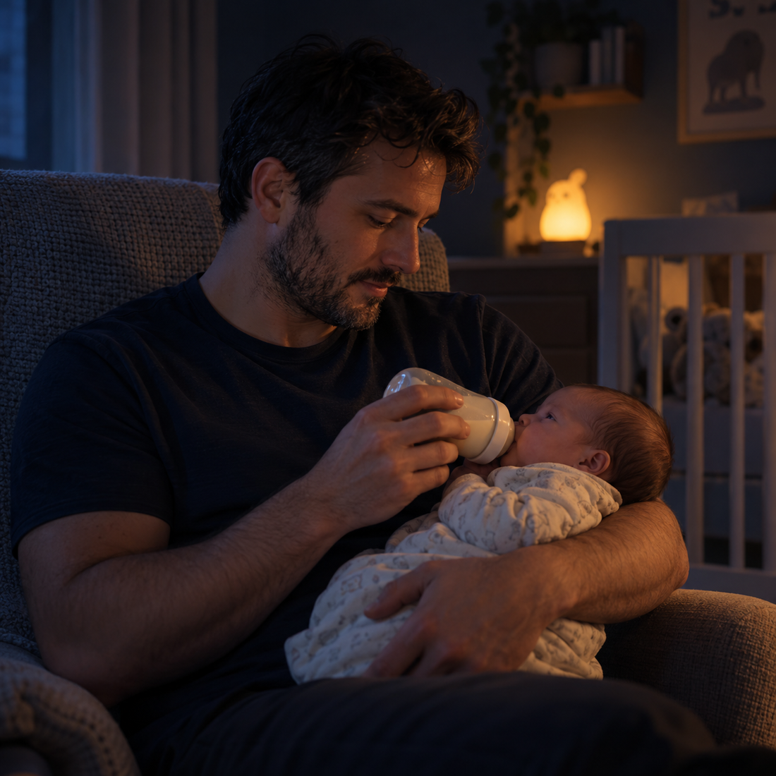 A father feeding his newborn at night — AI-generated lifestyle scene