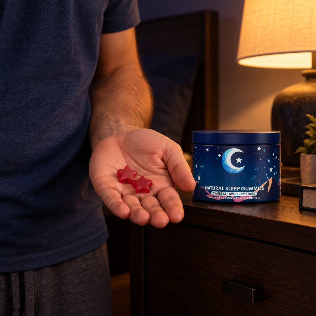 Adult hand holding two gummies beside the supplied jar — AI-generated scene