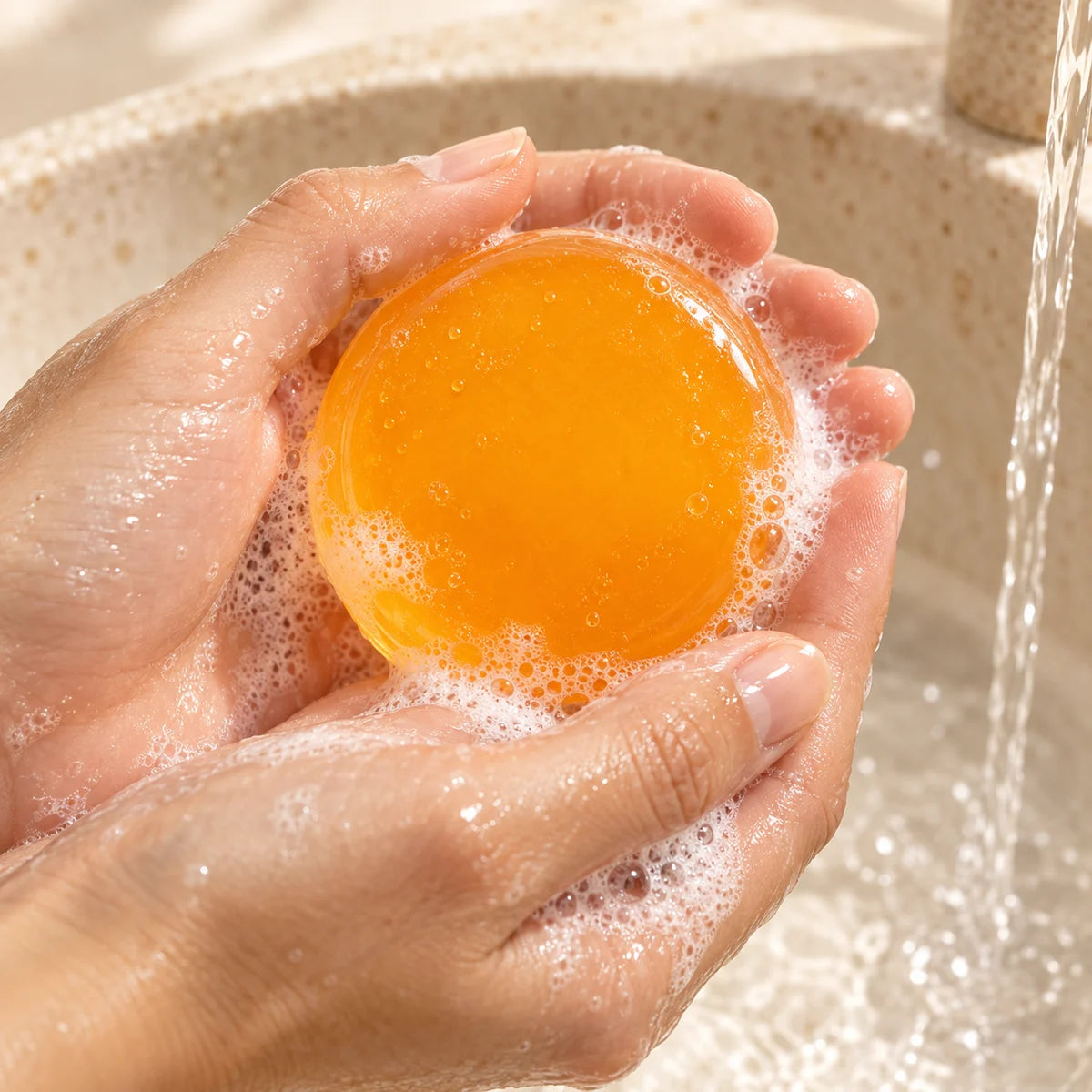 Lathering the persimmon body bar in wet hands